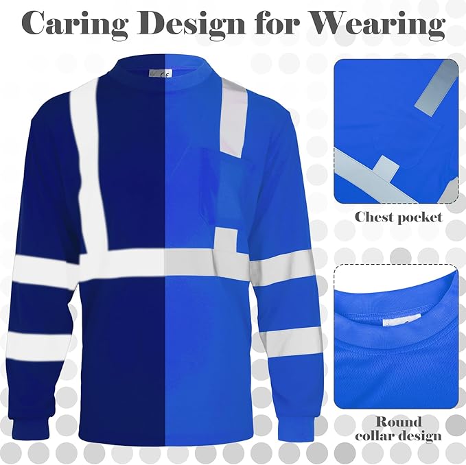 Amylove 4 Pcs Long Sleeve Safety Shirt High Visibility Reflective Construction Work Shirts for Men Women(L,Blue)