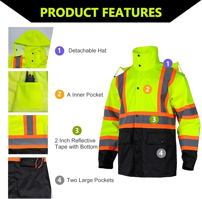 Class 3 High Visibility Rain Suit With Detachable Hood Waterproof Lime Reflective Safety Worker Jacket & Pants (S/M Yellow)