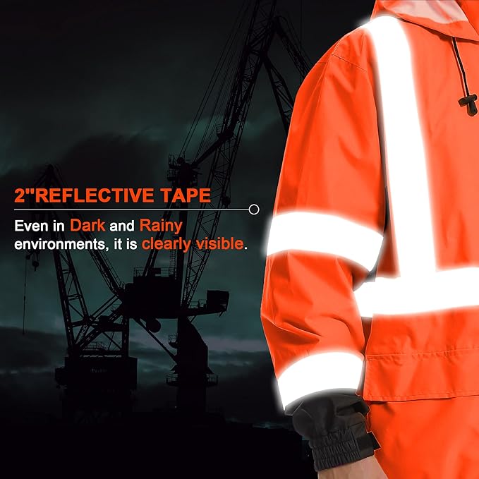 Reflective Rain jackets for men waterproof,Hi Vis Safety Coat With Reflective Strips，High Visibility Class 3 Rain jackets With 2 large pockets，Zipper,Black Bottom Orange,2XL/3XL