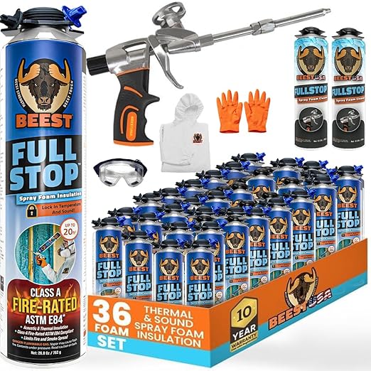 BEEST FullStop Spray Foam Insulation Kit for Walls and Attic - Fire Rated - 720 Board ft/sq.ft Perfect Heat & Acoustic Insulation - 36x Spray Foam Can, 2X Cleaner, Pro Gun & Safety Gear