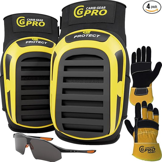 CARIB GEAR PRO USA Work Knee Pads for Men and Women Heavy Duty Double Gel Construction Knee Pads with Anti Slip Straps for Flooring Tiling Gardening Includes Leather Gloves and Safety Glasses