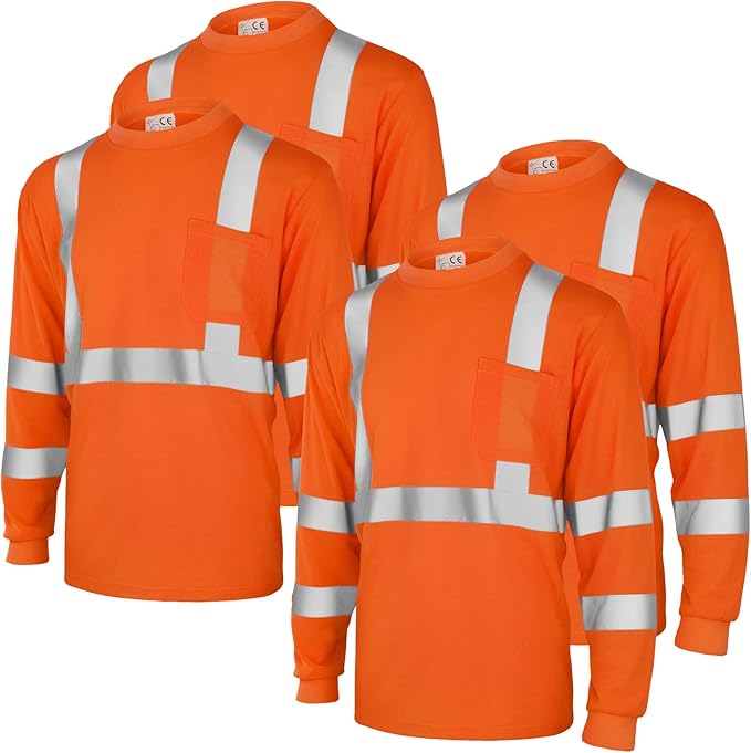 Amylove 4 Pcs Long Sleeve Safety Shirt High Visibility Reflective Construction Work Shirts for Men Women(XL,Orange)