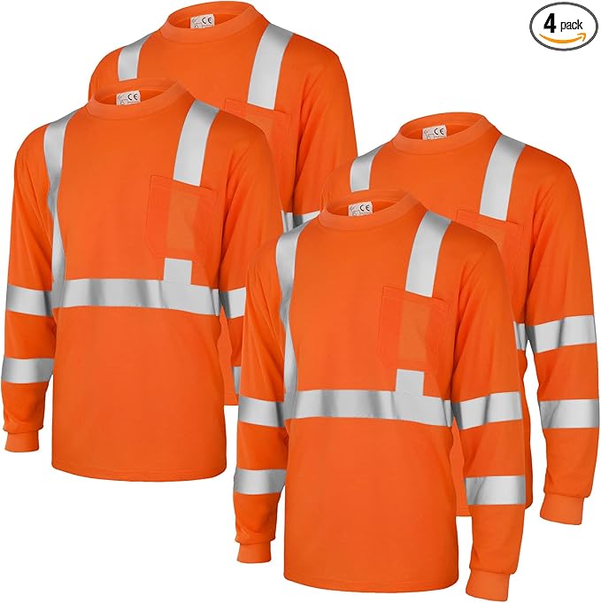 Amylove 4 Pcs Long Sleeve Safety Shirt High Visibility Reflective Construction Work Shirts for Men Women(L,Orange)