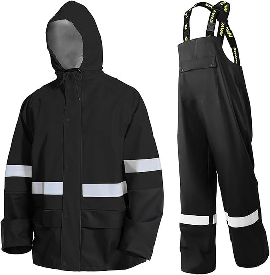 Men's Hi Vis PRO Workwear Waterproof 3-Piece Heavy Duty PU Reflective Rain Jacket, Hoodie & Bib Pants for Work and Safety