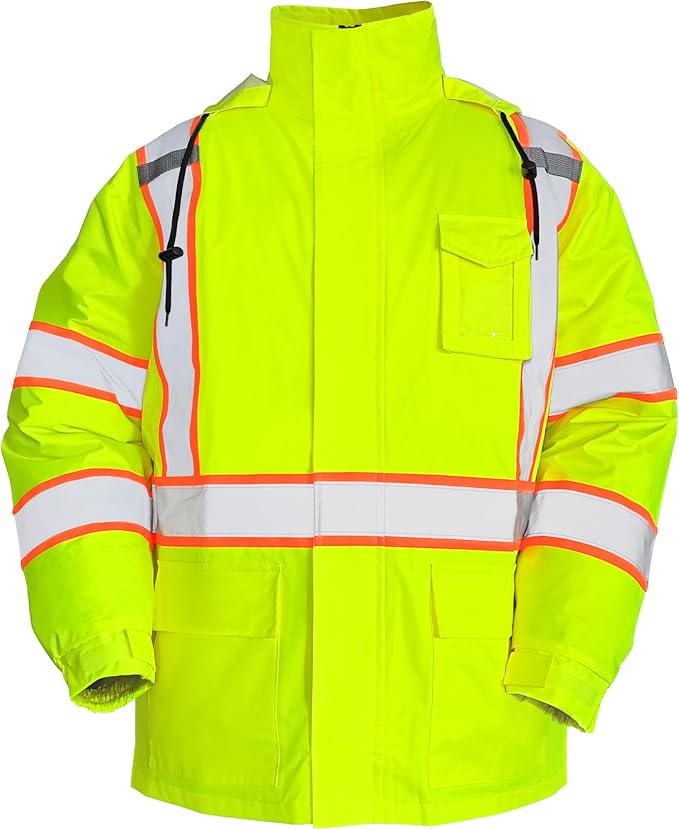 FATONE Hi Vis Rain Jacket for Men Lightweight Reflective Safety Rain Gear Waterproof with Hood, Class 3 Work Raincoat ANSI/ISEA Tested Yellow 4XL/5XL
