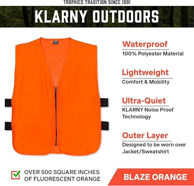 Klarny Orange Safety Vest - High Visibility, Waterproof, Quiet Deer and Bow Gear and Hunting Accessories