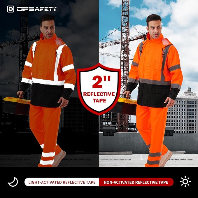 Hi Vis Safety rain Jacket，Reflective Class 3 Rain coat with Inner Mesh Lining and Pockets High Visibility Waterproof work Rain Suits for men&women（Tangerine,LG/XL）