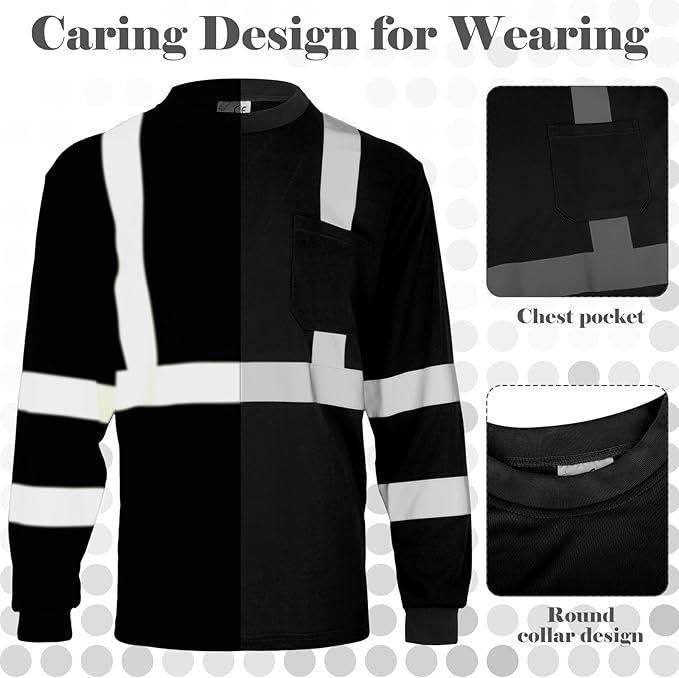 Amylove 4 Pcs Long Sleeve Safety Shirt High Visibility Reflective Construction Work Shirts for Men Women(L,Black)