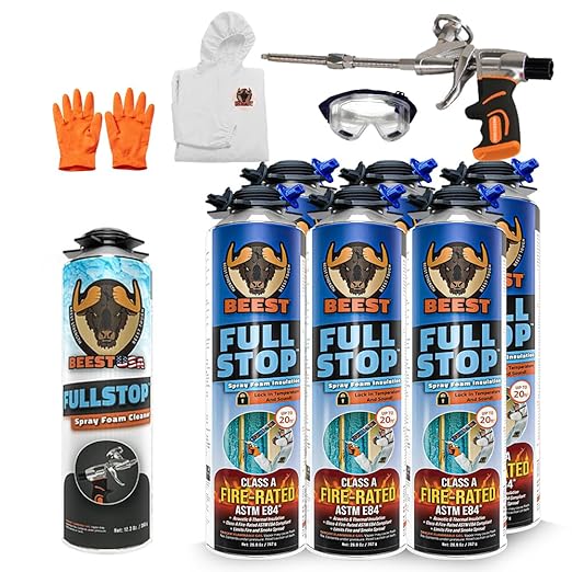 BEEST FullStop Spray Foam Insulation Kit - 120 Board ft/sq.ft. Fire Rated Spray Insulation Foam for Walls & Attics with Thermal & Soundproofing - Includes 6X Cans, 1 Cleaner, Pro X Gun, Safety Gear