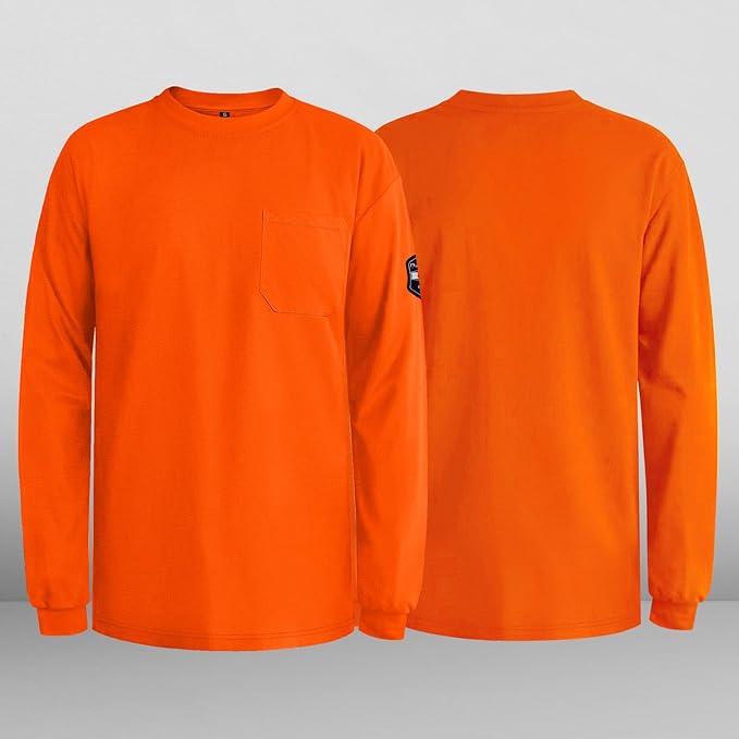 Welding Shirts for Men 7.5OZ FR Shirts, 100% C Flame Resistant Work Shirt with Long Sleeves, Men's Fire Retardant Welding Shirt, Durable Welding Accessories, Orange-YL M