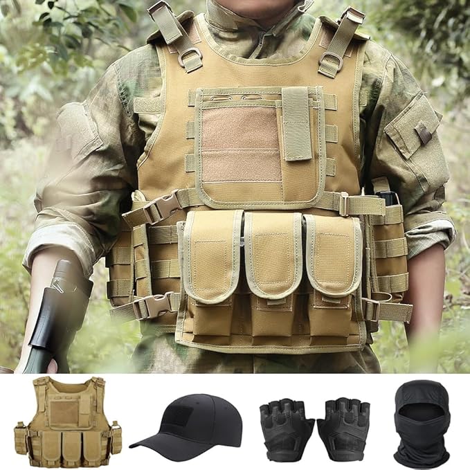 VPZenar Tactical Vest for Men, Airsoft Vest, Black Molle Vest and Cap Protective Equipment, Tactical Airsoft Gear