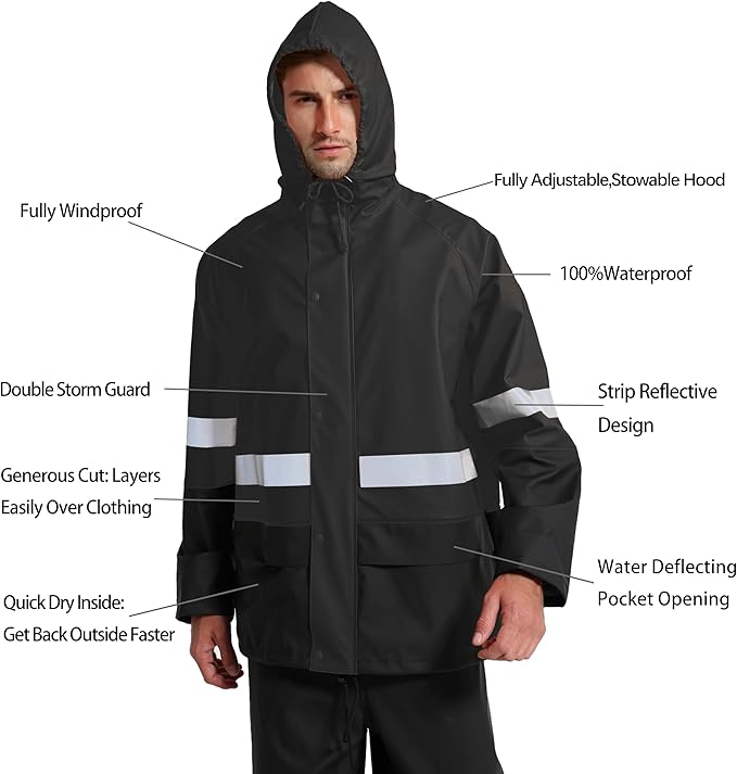 Men's Hi Vis PRO Workwear Waterproof 3-Piece Heavy Duty PU Reflective Rain Jacket, Hoodie & Bib Pants for Work and Safety