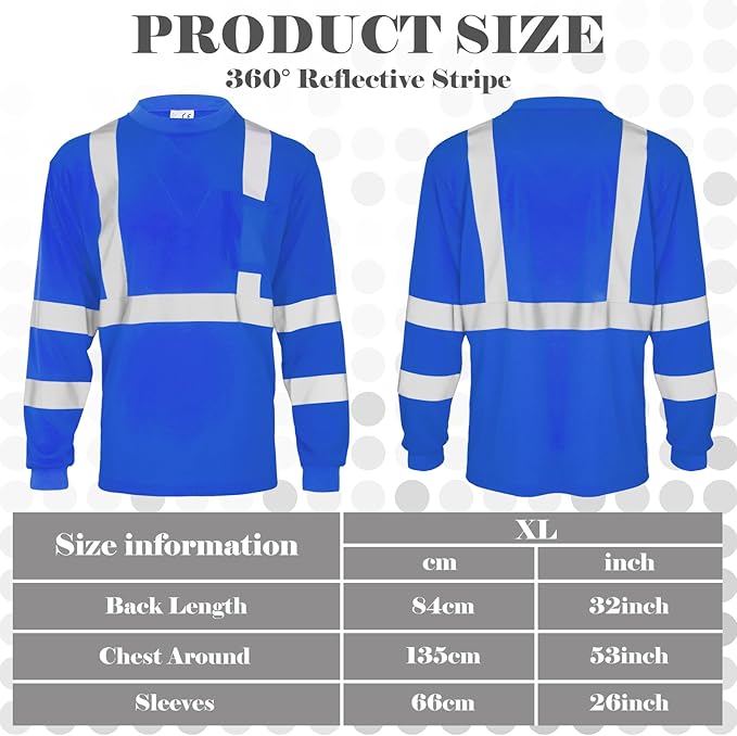 Amylove 4 Pcs Long Sleeve Safety Shirt High Visibility Reflective Construction Work Shirts for Men Women(XXL,Blue)