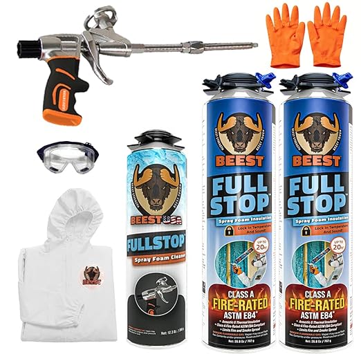 BEEST FullStop Spray Foam Insulation Kit - 40 Board ft/sq.ft. Fire Rated Spray Insulation Foam for Walls & Attics with Thermal & Soundproofing - Includes 2X Cans, 1 Cleaner, Pro X Gun, Safety Gear