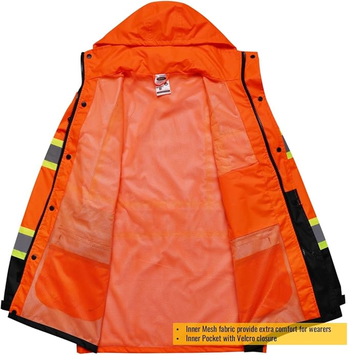 JKSafety Hi-Vis Reflective Safety Rain Jacket for Men Women Waterproof Rain Gears for Farming Fishing Work HV Rain Jacket with Inner Mesh Lining and Pockets (117A-OBlk XXL)