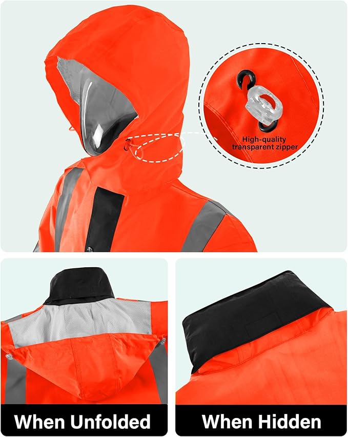 iCreek Reflective High Visibility Safety Jacket,Safety Rain Jacket with Hood,Lightweight Workwear for Outdoor Construction