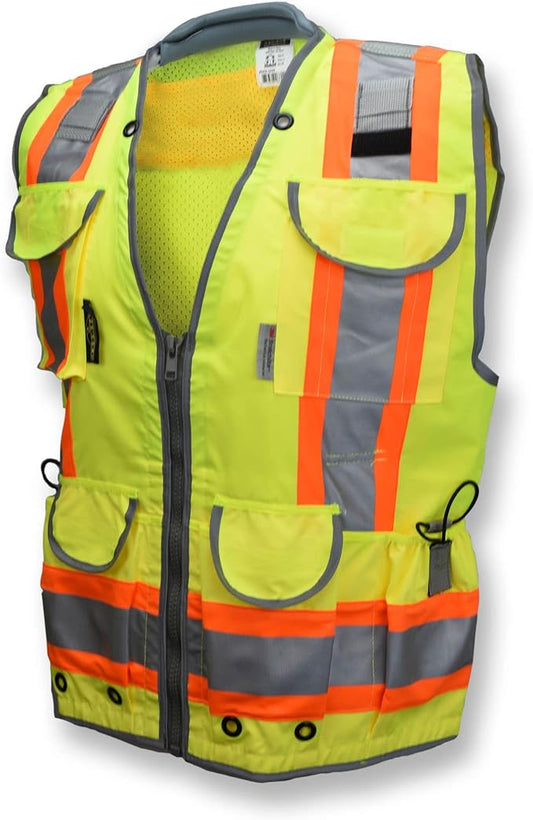 Radians SV55 Class 2 Heavy Woven Two Tone Engineer Vest with Padded Neck to Support Extra Weight in Cargo Pockets, Green, 3X-Large.
