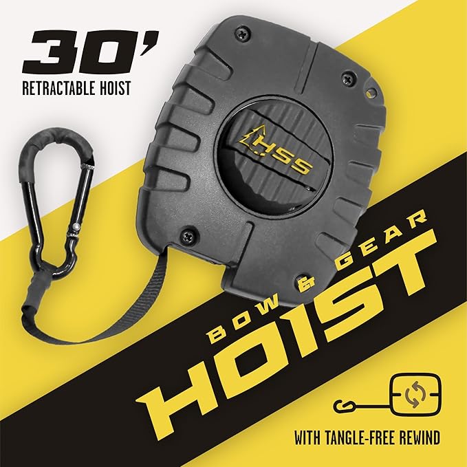 Hunter Safety System Bow & Gear Hoist: 30' Automatic Unwinding Pull Line with Coated Carabiner, Lightweight Rewind System for Lifting Bows, Packs & Treestand Gear with Tangle-Free, Quiet Operation
