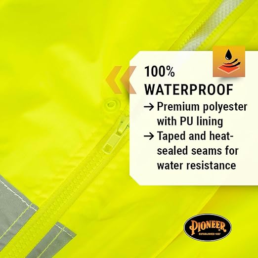 Pioneer High Visibility Rain Gear Safety Jacket and Bib Pants – Hi Vis, Waterproof, Reflective PVC Work Suit for Men – Orange and Yellow/Green