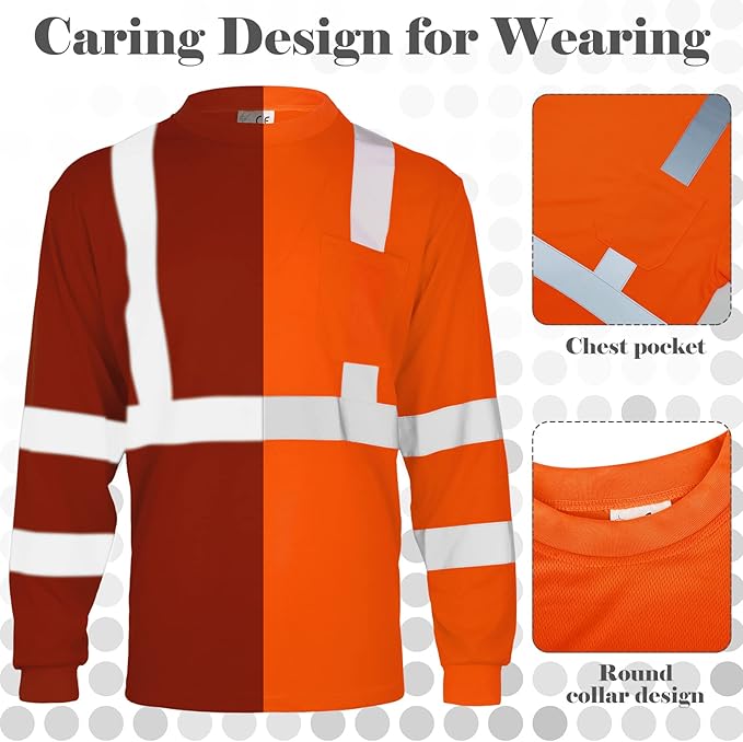 Amylove 4 Pcs Long Sleeve Safety Shirt High Visibility Reflective Construction Work Shirts for Men Women(XXL,Orange)