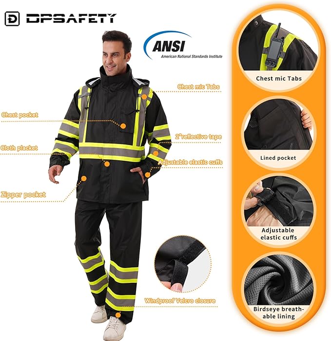 Hi Vis Safety rain Jacket，Reflective Class 3 Rain coat with Inner Mesh Lining and Pockets High Visibility Waterproof work Rain Suits for men&women（Black,4XL/5XL）