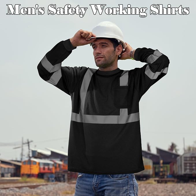 Amylove 4 Pcs Long Sleeve Safety Shirt High Visibility Reflective Construction Work Shirts for Men Women(L,Black)