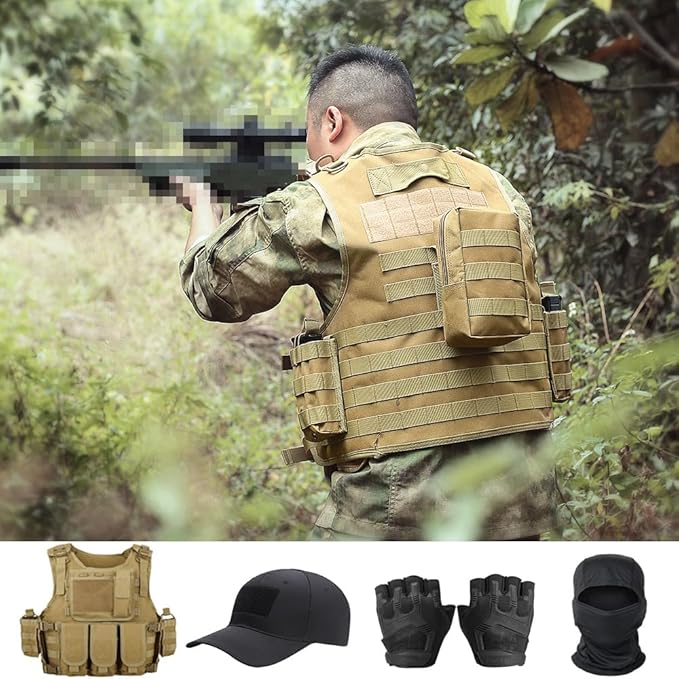 VPZenar Tactical Vest for Men, Airsoft Vest, Black Molle Vest and Cap Protective Equipment, Tactical Airsoft Gear