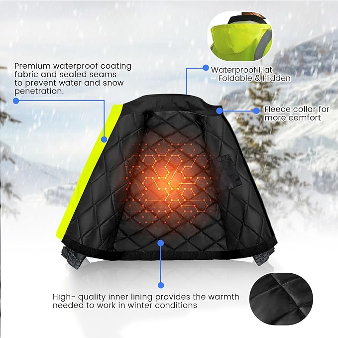 Reflective Jackets, Safety Jacket with Pockets for Men& Women, Construction Coats for Cold Weather, Waterproof High Vis Rain Gear, Class 3, Yellow-Black, S