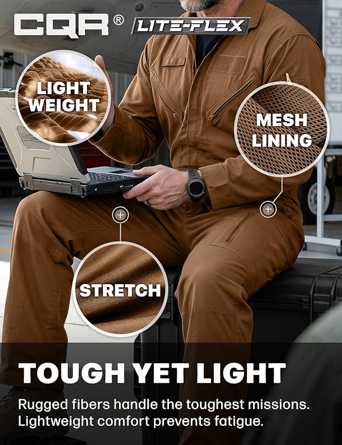 CQR Men's Tactical Ripstop Zip-Front Coverall, Lightweight Durable Utility Work Jumpsuit for Mechanics and Technicians