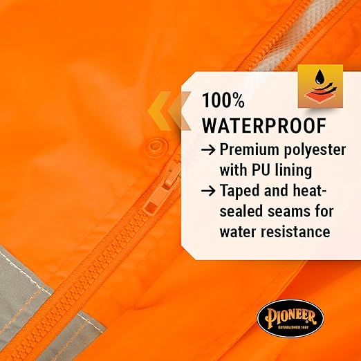 Pioneer High Visibility Rain Gear Safety Jacket and Bib Pants – Hi Vis, Waterproof, Reflective PVC Work Suit for Men – Orange and Yellow/Green