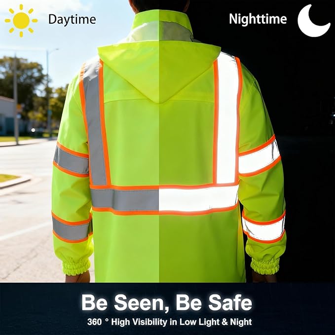High Vis Reflective Safety Rain Jacket for Men, Class 3 Hi Vis Rain Gear for Construction Workers (Yellow,S/M)