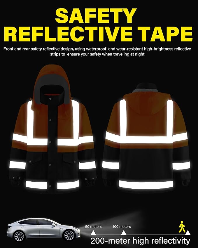 iCreek Reflective High Visibility Safety Jacket,Safety Rain Jacket with Hood,Lightweight Workwear for Outdoor Construction