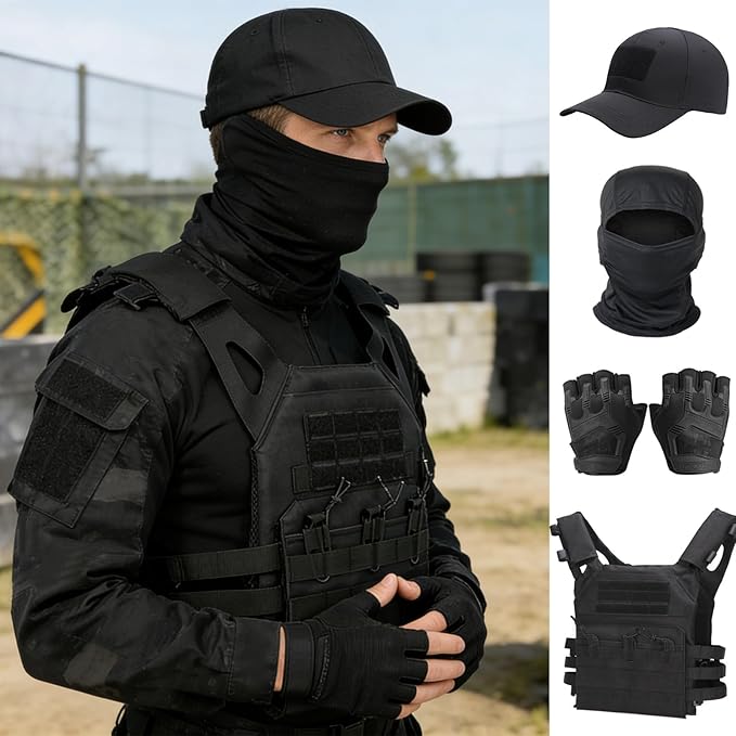 VPZenar Tactical Vest for Men, Airsoft Vest, Black Molle Vest and Cap Protective Equipment, Tactical Airsoft Gear
