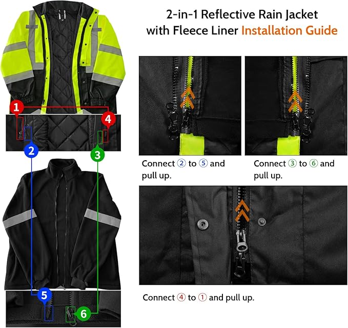 TCCFCCT 3-in-1 Hi Vis Winter Bomber Jackets for Men with Zippered Detachable Fleece Liner, Waterproof Reflective Safety Construction Coats for Cold Weather, High Vis Rain Gear, 3-in-1-Yellow 4XL