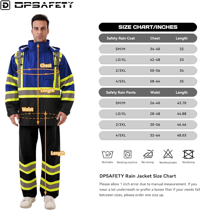 Hi Vis Safety rain Jacket，Reflective Class 3 Rain coat with Inner Mesh Lining and Pockets High Visibility Waterproof work Rain Suits for men&women（Blue,2XL/3XL）