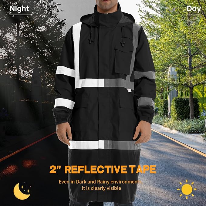 Hi Vis Rain Jacket with 3M Reflective Stripe,High Visibility Class 3 Rain coats,Safety Waterproof Rain Suits for Men with Hood and 2 Large Pockets construction work rain gear(Black M)