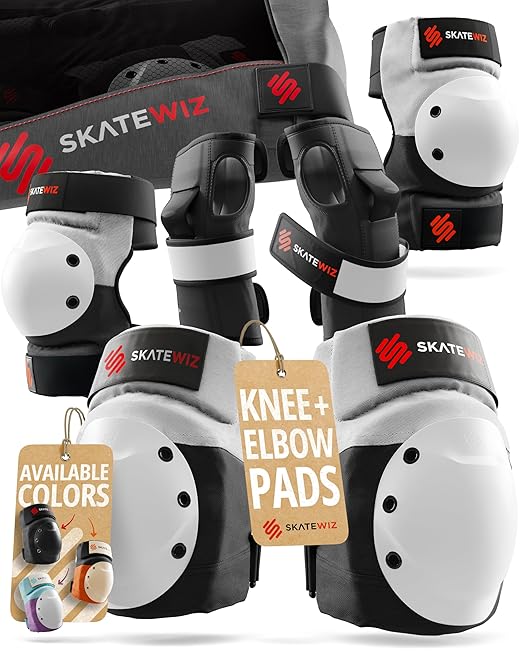 SKATEWIZ Adult Knee Pads, Skate & Skateboarding Wrist Guards for Skating Adult with Elbow Pads - Skateboard Protective Gear - Shield - Size M Grey White - Roller Skates, Inline Skates