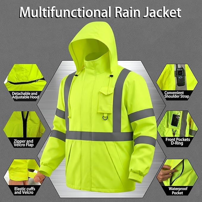 Hi Vis Class 3 Safety Rain Jacket for Men Waterproof, Reflective High Visibility Rain Gear Construction Rain Suit (S/M,Yellow)