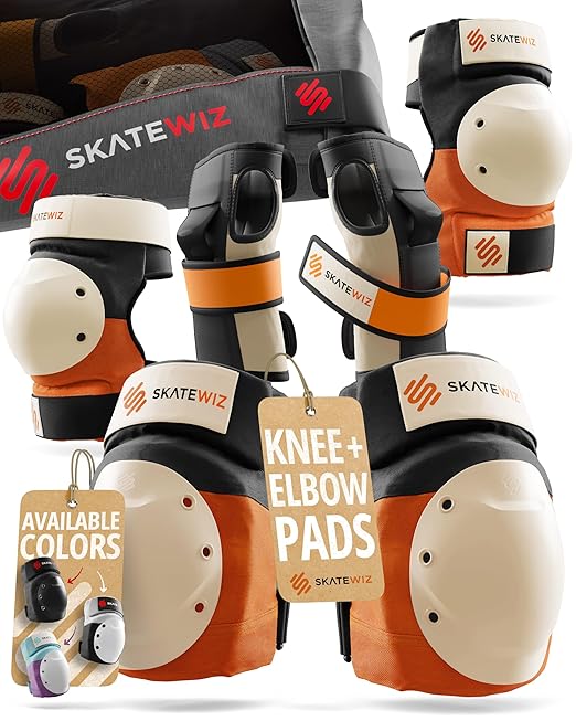 SKATEWIZ Adult Knee Pads, Skate & Skateboarding Wrist Guards for Skating Adult with Elbow Pads - Skateboard Protective Gear - Shield - Size M Orange - Roller Skates, Inline Skates
