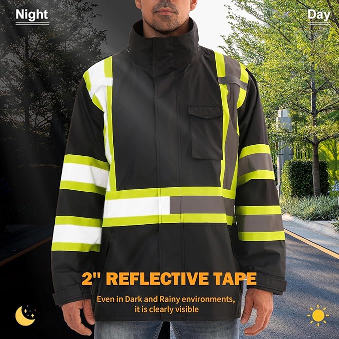 Reflective Rain jackets for men waterproof,Hi Vis Safety Coat With Reflective Strips，High Visibility Class 3 Rain jackets With 2 large pockets，Zipper,Black，2XL/3XL