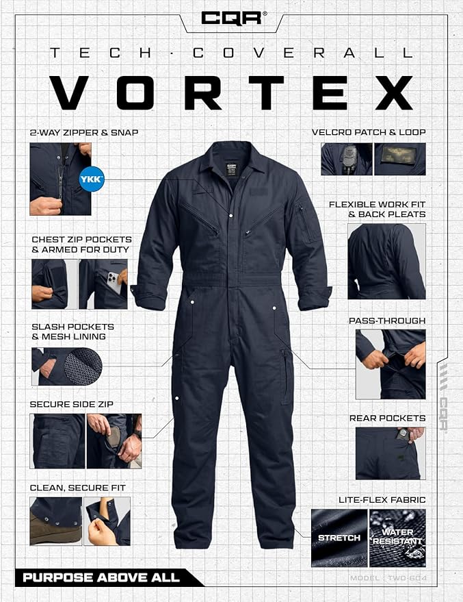 CQR Men's Tactical Ripstop Zip-Front Coverall, Lightweight Durable Utility Work Jumpsuit for Mechanics and Technicians