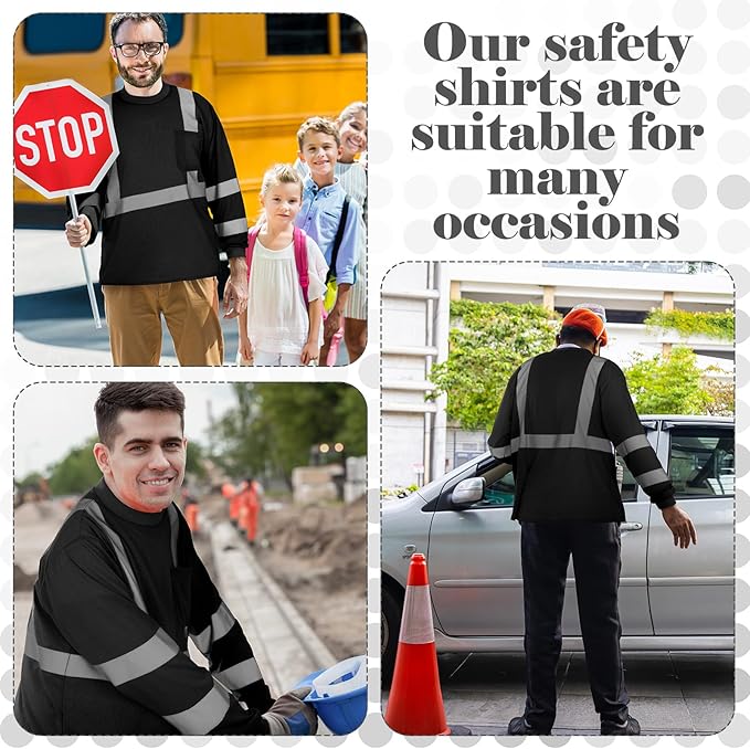 Amylove 4 Pcs Long Sleeve Safety Shirt High Visibility Reflective Construction Work Shirts for Men Women(XXL,Black)