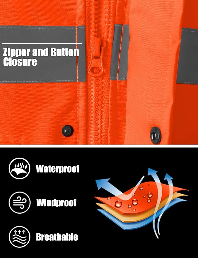 Ubon Men's Reflective Rain Jacket, Waterproof Hi Vis Rain Coat Safety High Visibility Raincoat with Detachable Hood