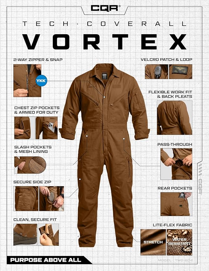 CQR Men's Tactical Ripstop Zip-Front Coverall, Lightweight Durable Utility Work Jumpsuit for Mechanics and Technicians