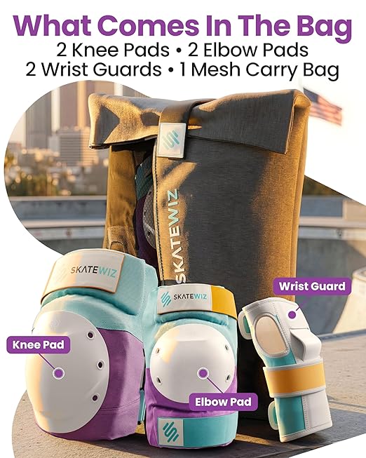 SKATEWIZ Bike Knee Pads - Skateboard Safety Gear - Shield - Size M/L Lavender Blue - Skate & Skateboarding Wrist Guards for Skating Adult with Elbow Pads - Roller Skates, Inline Skates