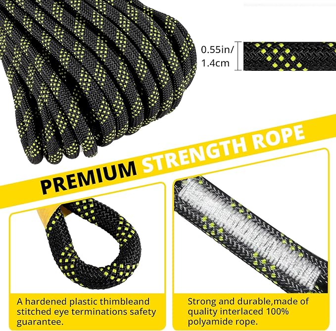 TRSMIMA Rope Harness Safety Lanyard：150ft Vertical Roofing Rope with Grab Snap Hooks Shock Absorber - Fall Protection Tree Climbing Line Kit Heavy Duty Roof Safety Equipment ANSI CE