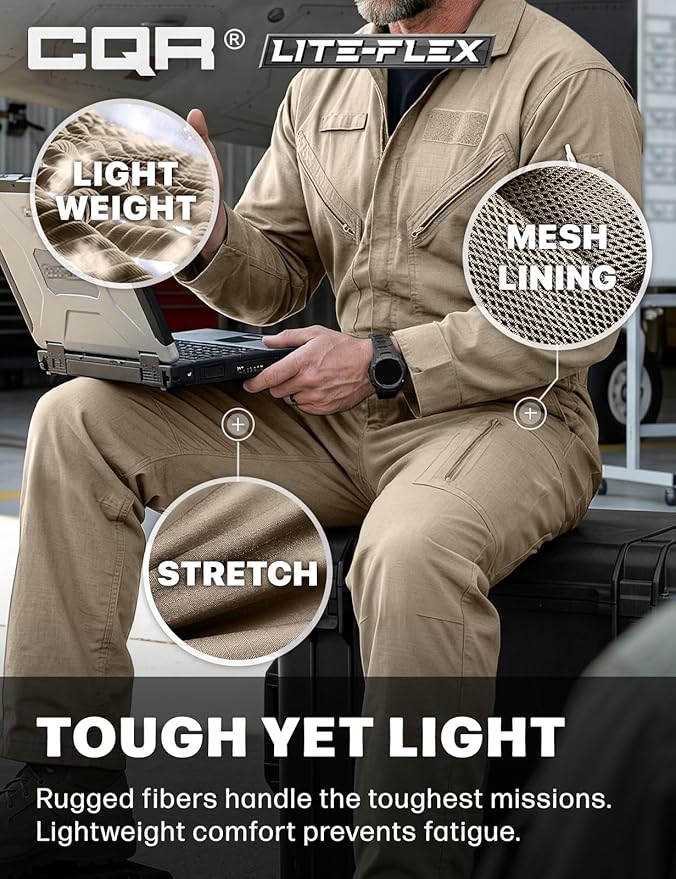 CQR Men's Tactical Ripstop Zip-Front Coverall, Lightweight Durable Utility Work Jumpsuit for Mechanics and Technicians