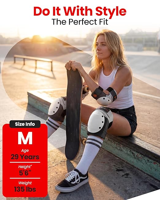 SKATEWIZ Adult Knee Pads, Skate & Skateboarding Wrist Guards for Skating Adult with Elbow Pads - Skateboard Protective Gear - Shield - Size M Grey White - Roller Skates, Inline Skates