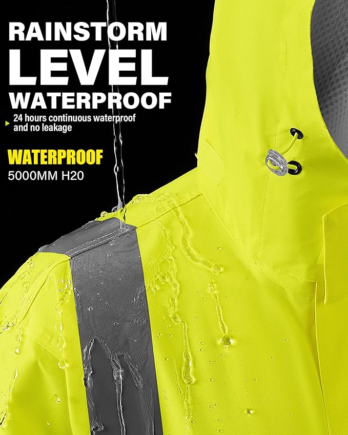 iCreek Reflective High Visibility Safety Jacket,Safety Rain Jacket with Hood,Lightweight Workwear for Outdoor Construction