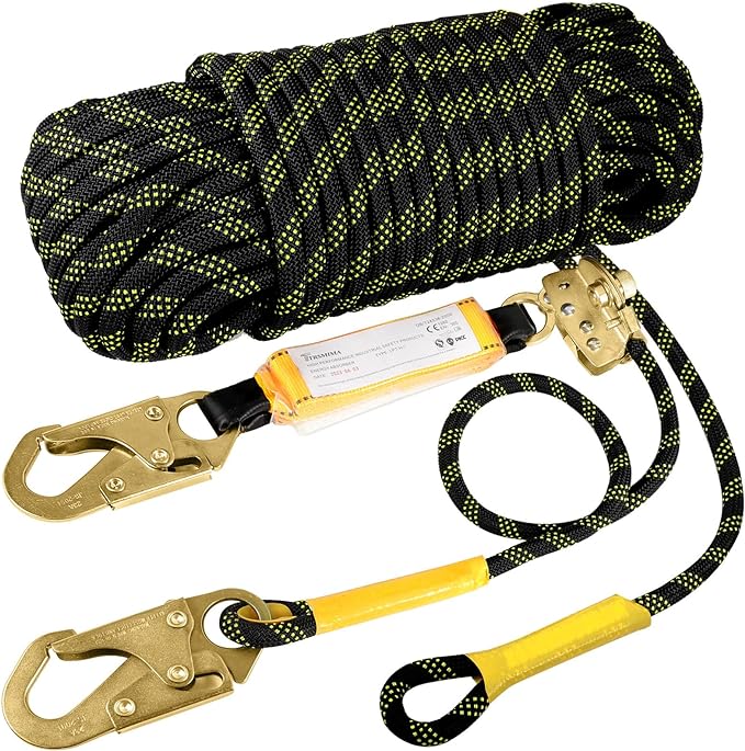 TRSMIMA Rope Harness Safety Lanyard：150ft Vertical Roofing Rope with Grab Snap Hooks Shock Absorber - Fall Protection Tree Climbing Line Kit Heavy Duty Roof Safety Equipment ANSI CE